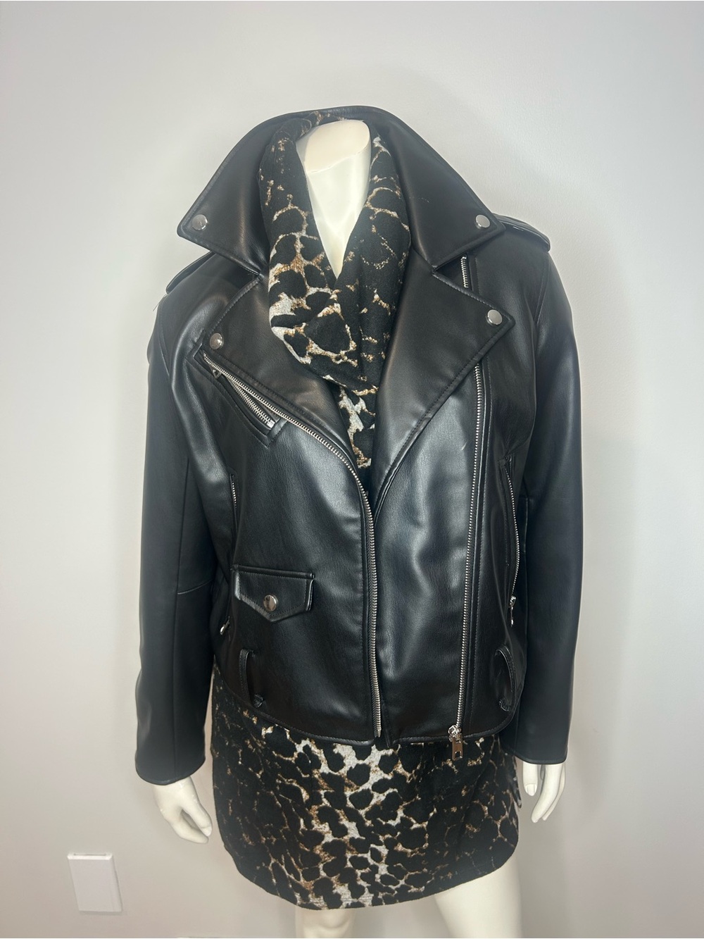 Zara Black Faux Leather Moto Jacket with Leopard-Print Scarf
